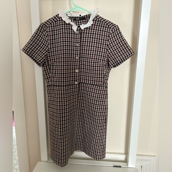 Maje Black and Brown Plaid Dress with White Lace - Picture 1 of 4